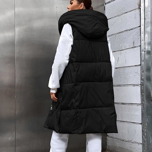 Black Casual Womens Pocket Zip Up Hooded Puffer Vest Coat - Picture 3 of 5